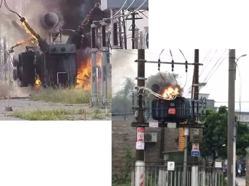 A damaged pole-mounted transformer with smoke coming out of it after a failure