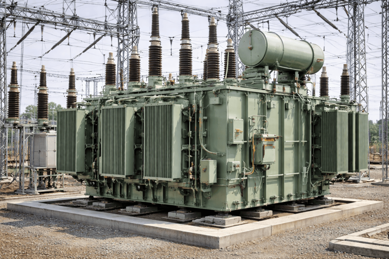 A large power transformer in a substation with many insulators and cooling fins