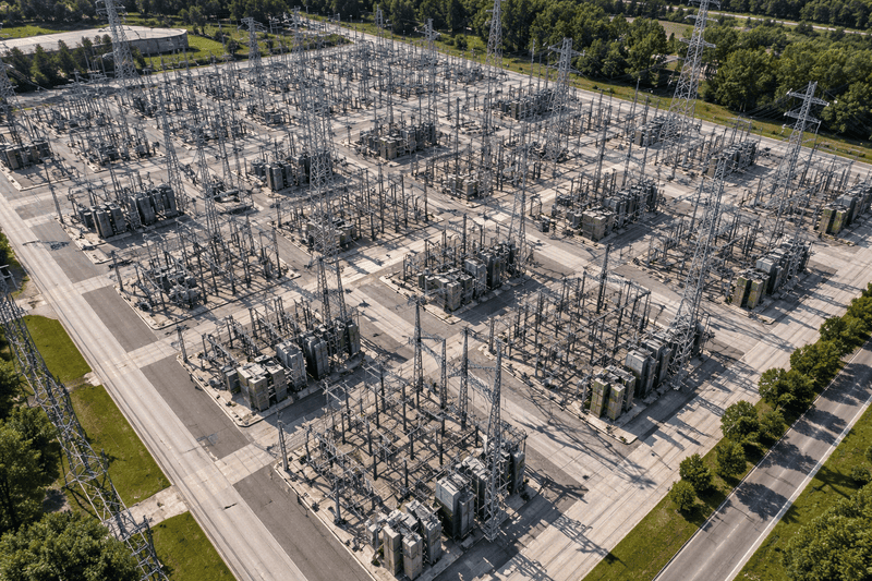 Evaluating Transformer Capacity for Grid Expansion Aerial view of a power distribution substation grid