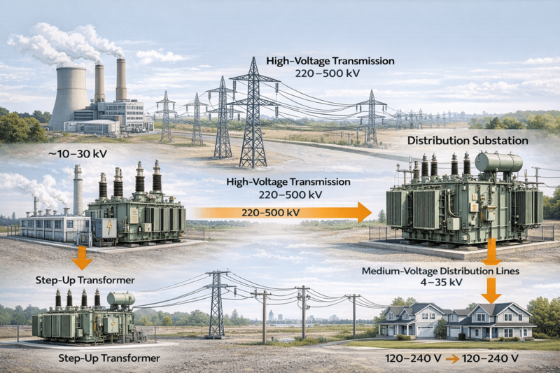 Diagram showing step-up and step-down transformers in a power grid from power plant to house