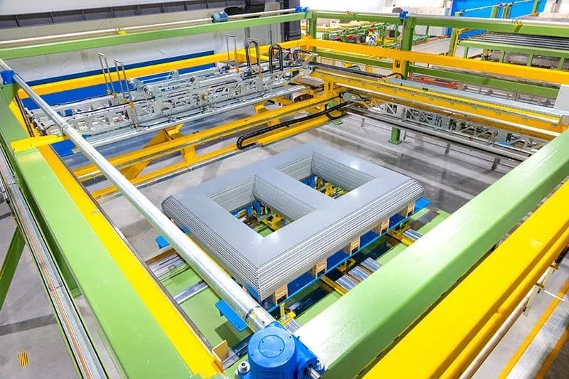 A detailed shot of a transformer's laminated steel core