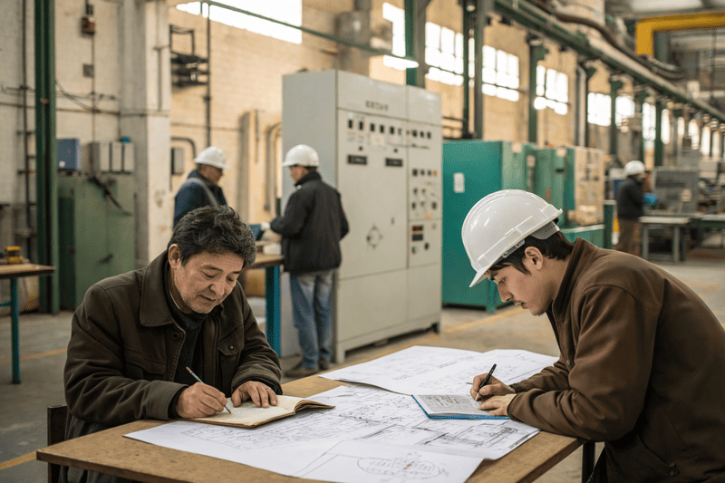 engineers reviewing technical drawings next to a transformer